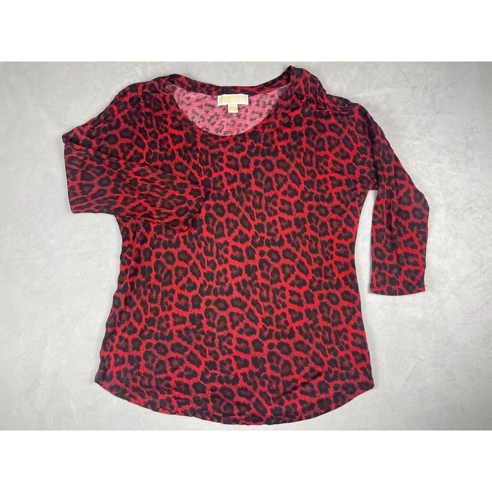 Michael Kors Red Black Leopard Print Scoop Neck Long Sleeve Top XS Animal‎ Print